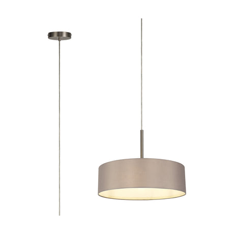 Baymont 5 Light E27 Pendant Light: satin nickel ceiling rose and rod suspension with a 45cm wide grey fabric drum shade, white laminate interior, shown on a plain white background.