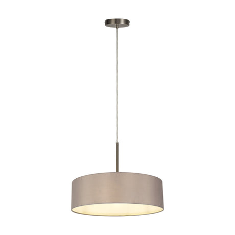 Baymont 5 Light E27 Pendant Light with a 45cm grey drum shade, white lining, and satin nickel ceiling rose and rod, shown on a plain white background.