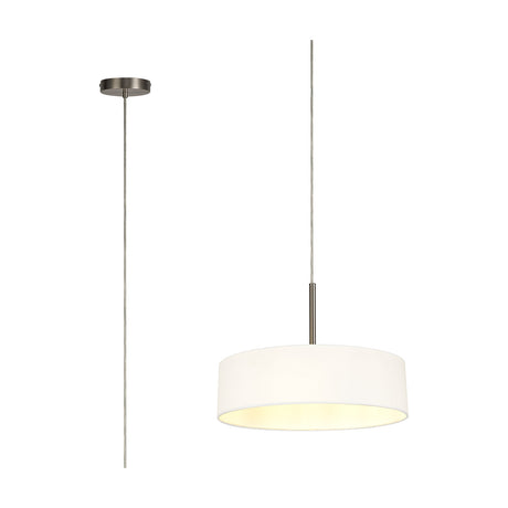 Baymont 5 Light E27 Pendant Light, 45cm white faux silk drum shade with satin nickel suspension and ceiling cup, shown with ceiling rose on a plain white background.