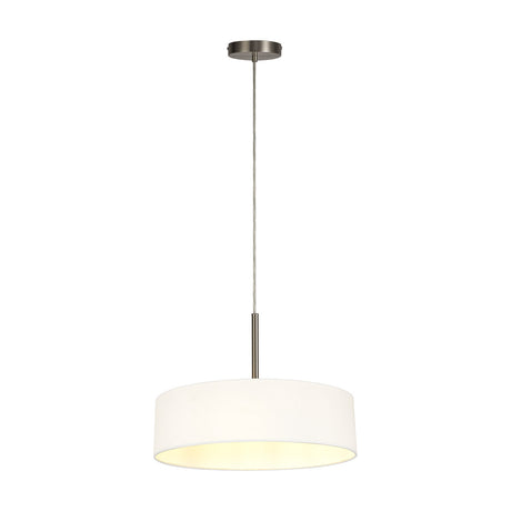 Baymont 5 Light E27 Pendant Light with a 45cm wide white fabric drum shade, satin nickel suspension and ceiling cup, shown on a plain white background.