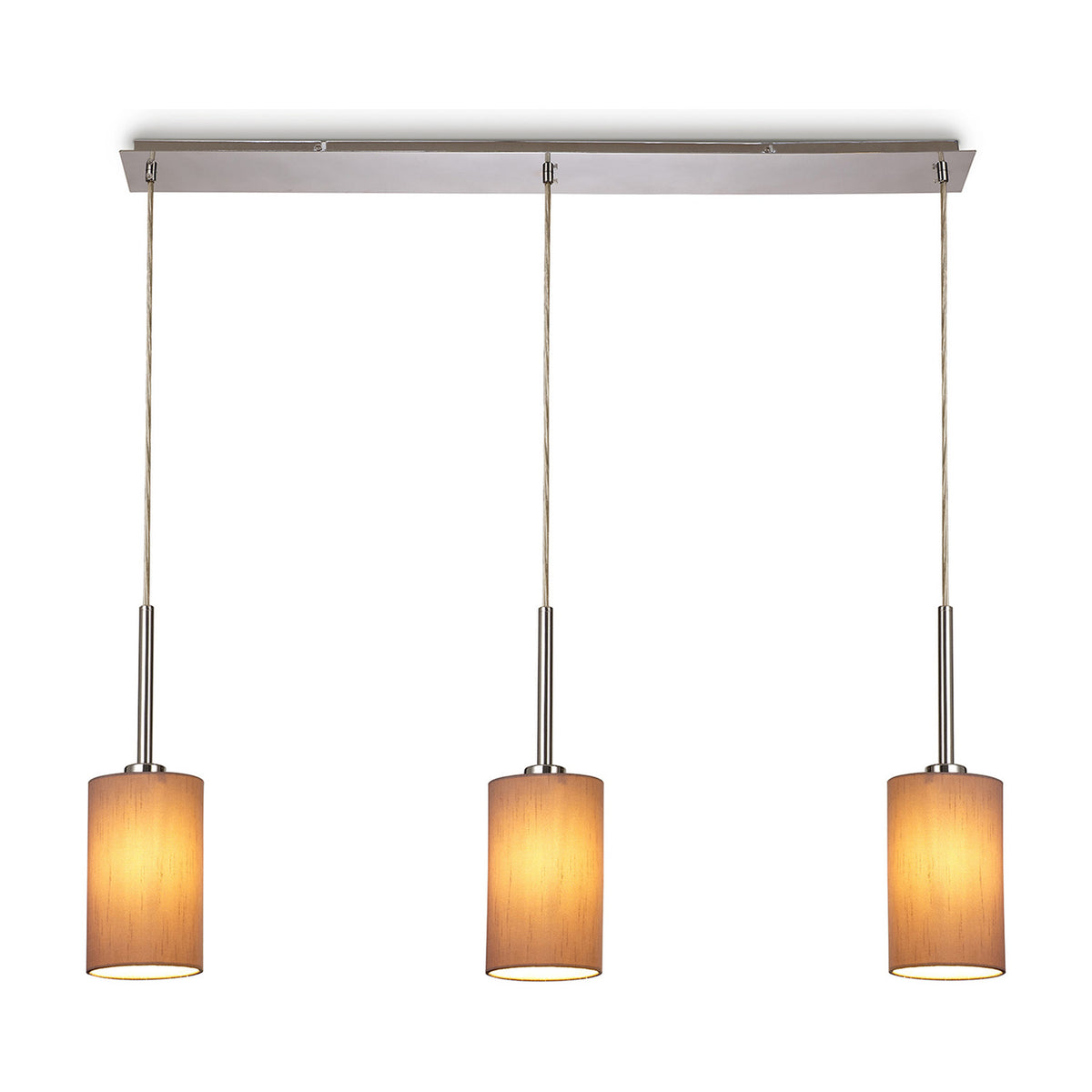 Baymont 3 Light Pendant, a linear polished chrome bar with three taupe fabric drum shades on cords, shown lit against a plain white background.
