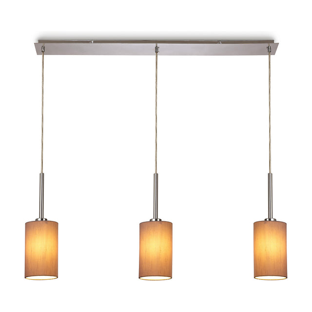 Baymont 3 Light Pendant, a linear polished chrome bar with three taupe fabric drum shades on cords, shown lit against a plain white background.