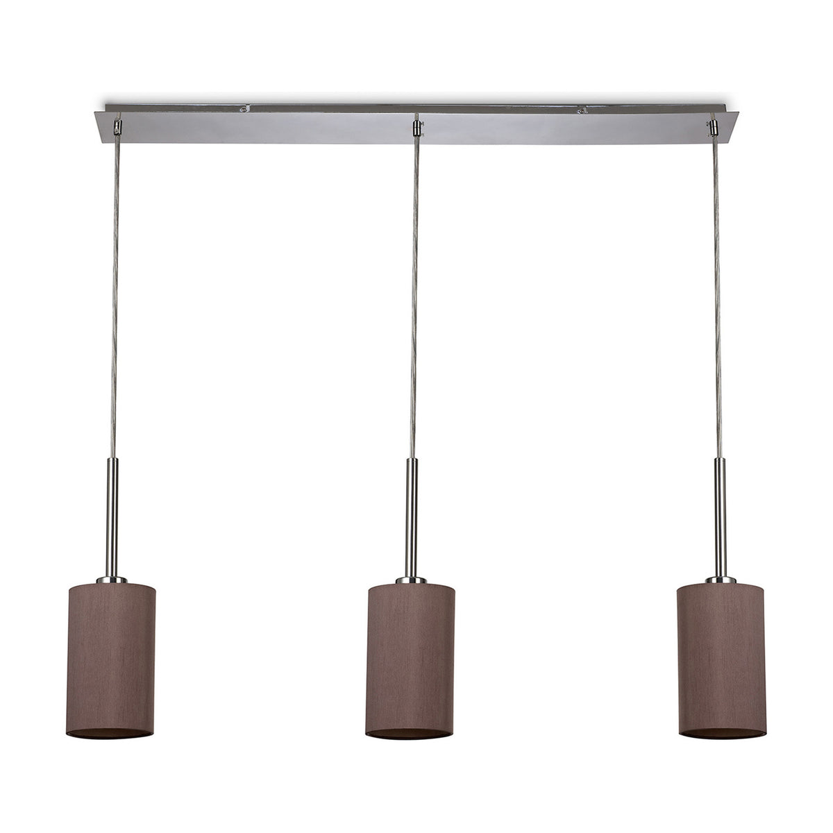 Baymont 3 Light Pendant, linear polished chrome bar with three taupe fabric drum shades on cable drops, shown on a plain white background.