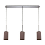 Baymont 3 Light Pendant, linear polished chrome bar with three taupe fabric drum shades on cable drops, shown on a plain white background.