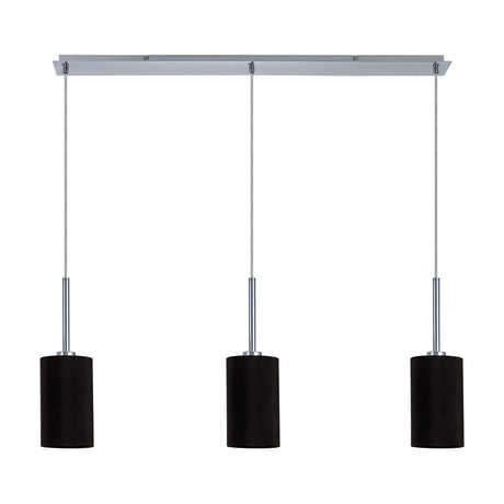 Baymont 3 Light Pendant, polished chrome bar with three black faux silk cylinder shades on cords, 1.07m drop, shown unlit on a plain white background.