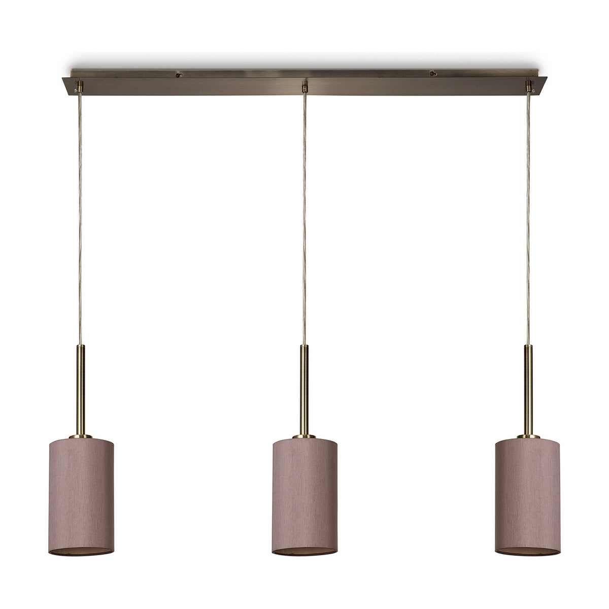 Baymont 3 Light Pendant, linear antique brass bar with three cylindrical taupe fabric shades on brass stems, shown on a plain white background.