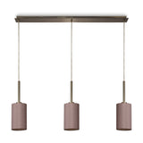 Baymont 3 Light Pendant, linear antique brass bar with three cylindrical taupe fabric shades on brass stems, shown on a plain white background.