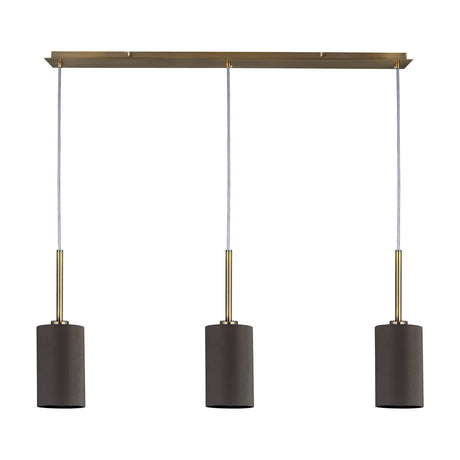 Baymont 3 Light E27 pendant light with grey fabric drum shades on antique brass ceiling bar and stems, 1.07m drop, shown on a plain white background.
