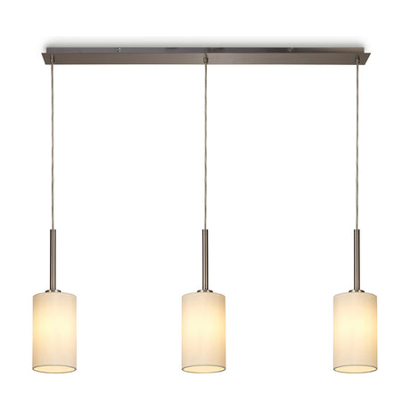 Baymont 3 Light E27 pendant light with a slim satin nickel bar, three ivory cylindrical fabric shades on a 1.07m drop, shown on a plain white background.