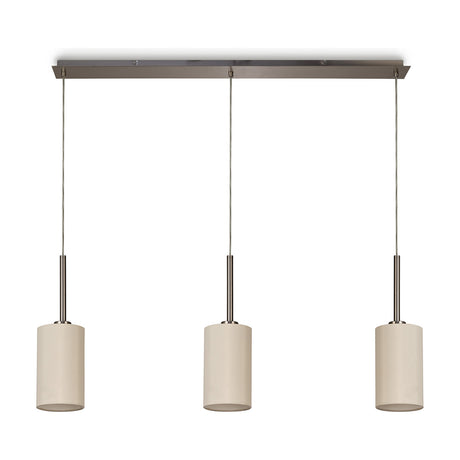 Baymont 3 Light E27 pendant light with a slim satin nickel bar, three ivory fabric cylinder shades on cables, 1.07m drop, shown on a plain white background.