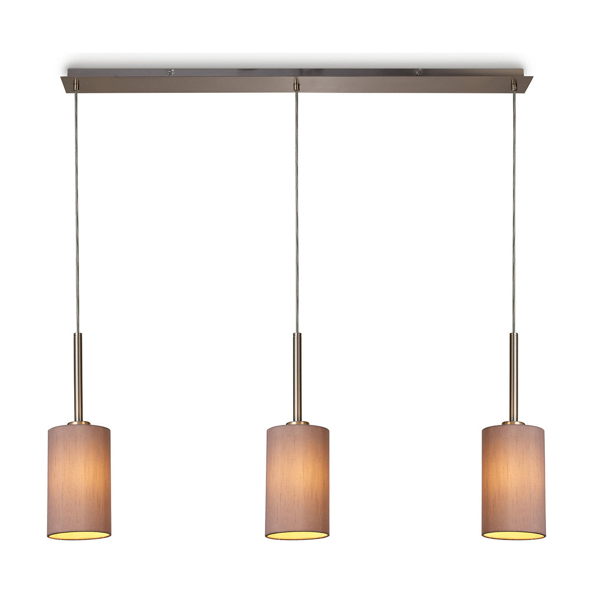 Baymont 3 Light E27 Pendant Light, a satin nickel linear bar suspending three small drum shades in taupe fabric with gold-tone lining, shown on a plain white background.