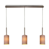 Baymont 3 Light E27 Pendant Light, a satin nickel linear bar suspending three small drum shades in taupe fabric with gold-tone lining, shown on a plain white background.