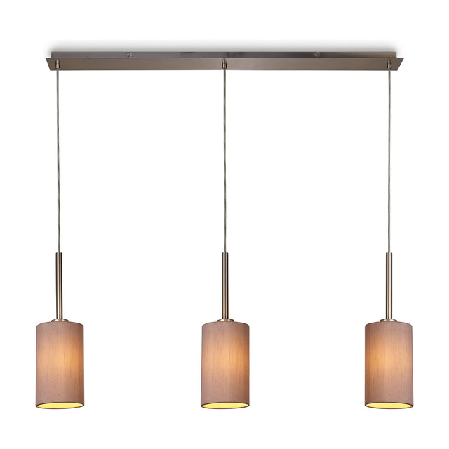 Baymont 3 Light E27 Pendant Light, a satin nickel linear bar suspending three small drum shades in taupe fabric with gold-tone lining, shown on a plain white background.
