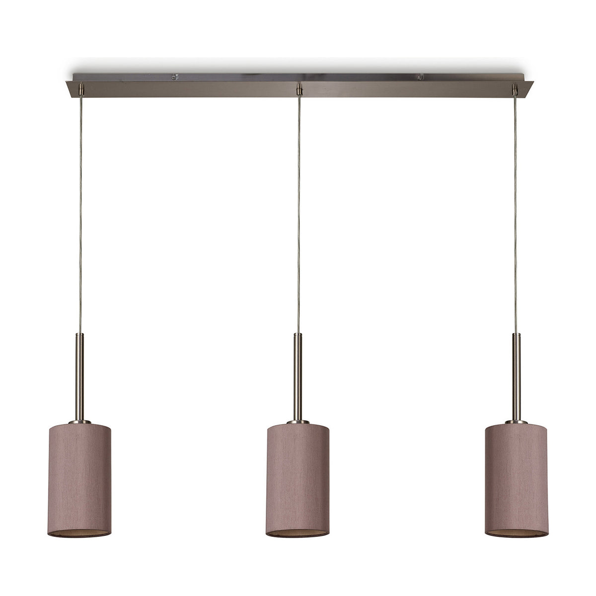 Baymont 3 Light E27 pendant light with satin nickel bar and cords, three small taupe fabric drum shades, 1.07m drop, shown on a plain white background.