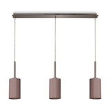 Baymont 3 Light E27 pendant light with satin nickel bar and cords, three small taupe fabric drum shades, 1.07m drop, shown on a plain white background.