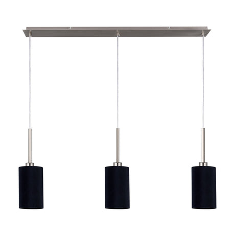 Baymont 3 Light E27 Pendant Light, satin nickel bar with three black faux silk cylinder shades on cords, 1.07m drop, shown unlit on a plain white background.