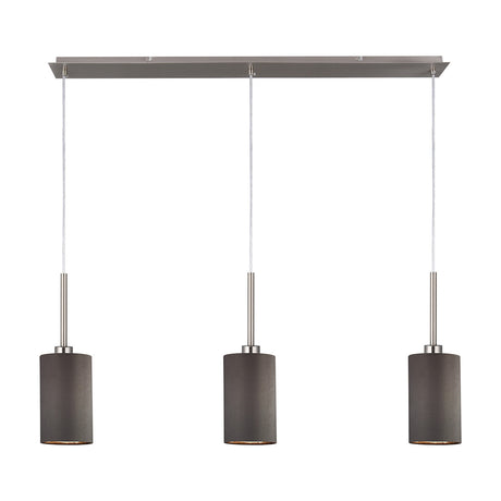 Baymont 3 Light E27 Pendant Light with satin nickel bar and cords, three grey fabric drum shades in a row, 1.07m drop, shown on a plain white background.