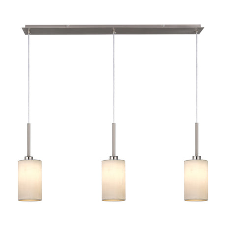 Baymont 3 Light E27 Pendant Light, satin nickel bar with three white faux silk cylinder shades on cords, 1.07m drop, shown on a plain white background.