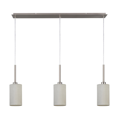 Baymont 3 Light E27 Pendant Light with satin nickel linear bar and three white fabric cylinder shades on cables, 1.07m drop, shown on a plain white background.