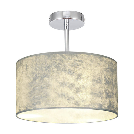 Baymont semi-flush ceiling light with a drum shade in mottled silver leaf, polished chrome ceiling mount and rod, shown on a plain white background.