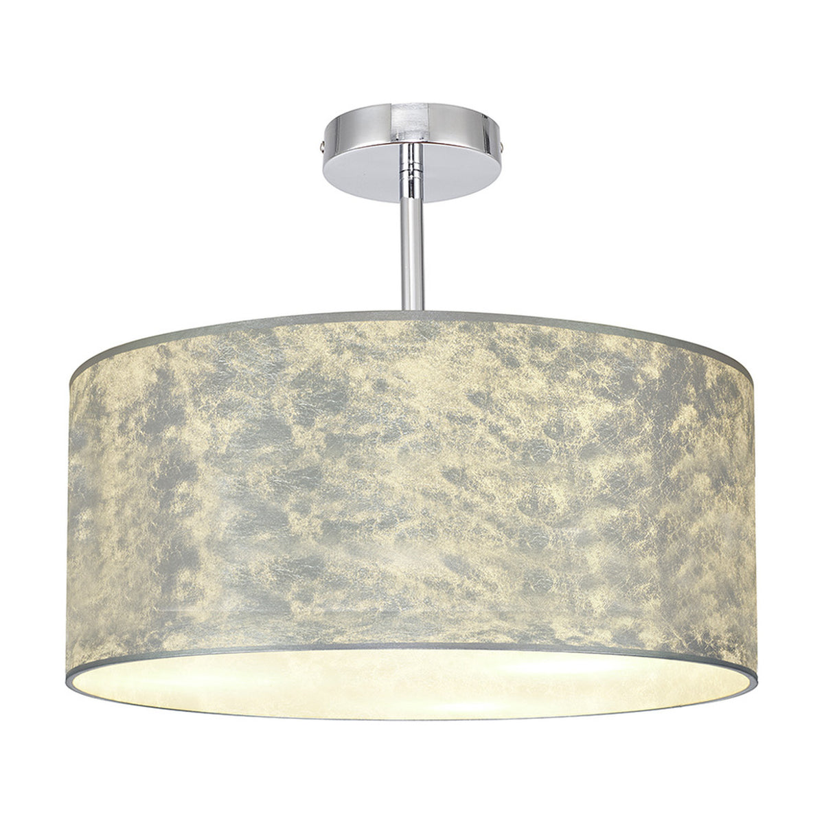 Baymont Semi Flush Ceiling Light 40cm, a drum-shaped shade in mottled silver leaf finish with white interior lining, mounted on a polished chrome ceiling plate against a plain white background.