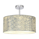 Baymont Semi Flush Ceiling Light 40cm, a drum-shaped shade in mottled silver leaf finish with white interior lining, mounted on a polished chrome ceiling plate against a plain white background.
