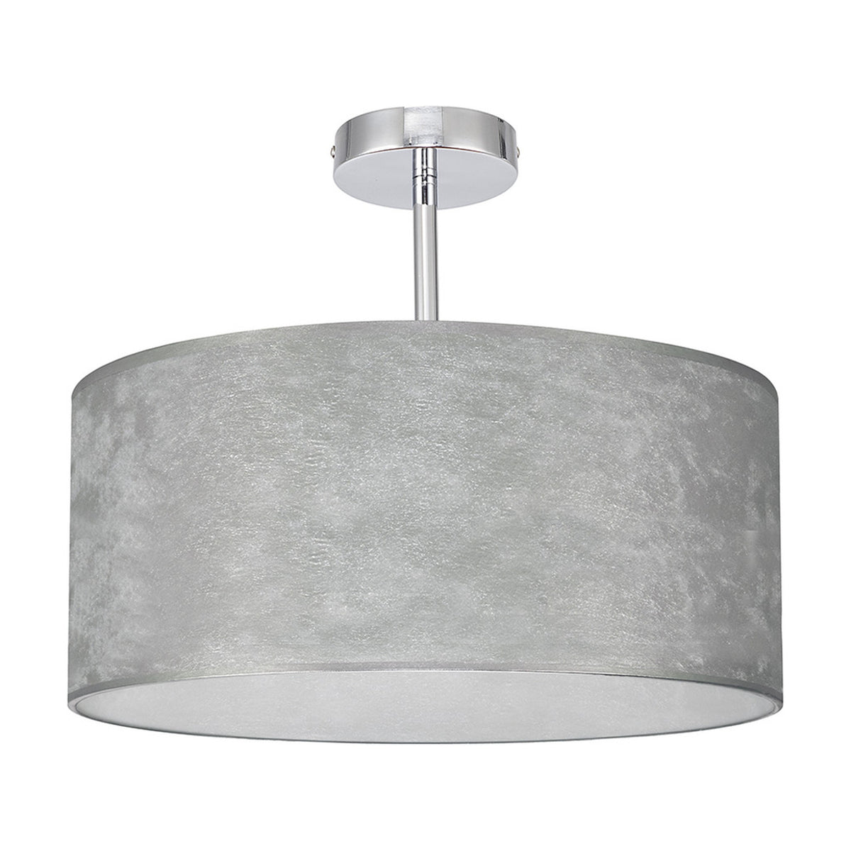 Baymont 40cm semi flush ceiling light with a silver drum shade and polished chrome ceiling plate and rod, shown on a plain white background.