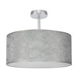 Baymont 40cm semi flush ceiling light with a silver drum shade and polished chrome ceiling plate and rod, shown on a plain white background.