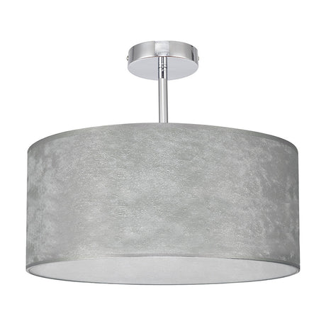 Baymont 40cm semi flush ceiling light with a silver drum shade and polished chrome ceiling plate and rod, shown on a plain white background.