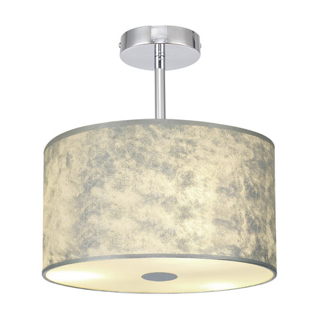 Baymont Semi Flush Ceiling Light 30cm in polished chrome, featuring a shallow drum shade with a mottled silver-grey finish and frosted acrylic diffuser base, shown on a plain white background.
