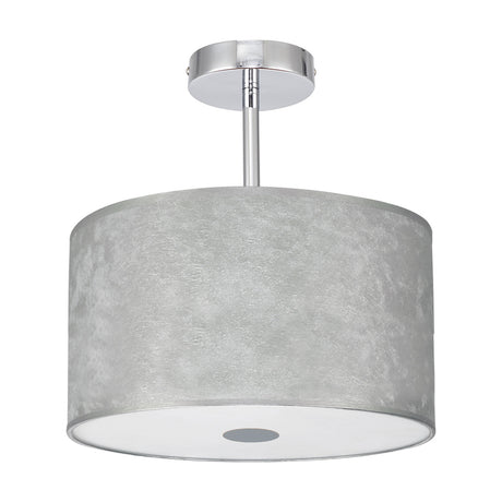 Baymont 30cm semi-flush ceiling light with a silver drum shade, frosted acrylic diffuser base, and polished chrome ceiling plate, shown on a plain white background.
