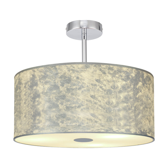 Baymont semi-flush ceiling light with 40cm silver leaf drum shade, frosted acrylic diffuser and polished chrome ceiling plate, shown on a plain white background.