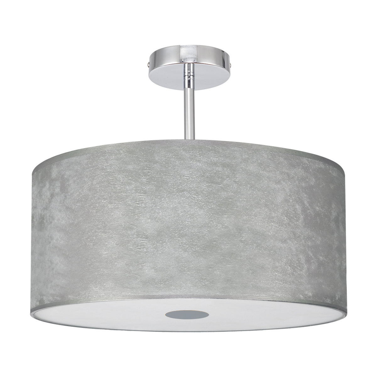 Baymont semi-flush ceiling light with a 40cm silver drum shade, frosted acrylic diffuser, and polished chrome mounting plate, shown against a plain white background.