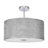Baymont semi-flush ceiling light with a 40cm silver drum shade, frosted acrylic diffuser, and polished chrome mounting plate, shown against a plain white background.