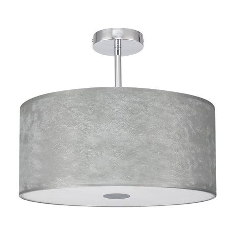 Baymont semi-flush ceiling light with a 40cm silver drum shade, frosted acrylic diffuser, and polished chrome mounting plate, shown against a plain white background.