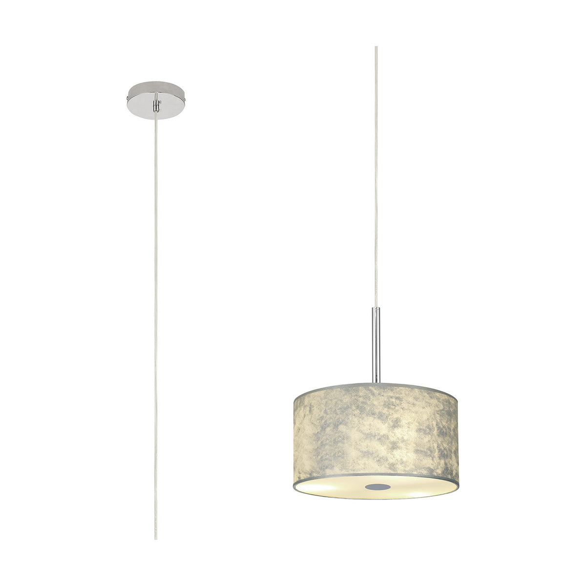 Baymont E27 pendant light with 30cm silver leaf drum shade, white laminate interior, frosted acrylic diffuser, polished chrome ceiling mount, and cord length options, shown on white background.
