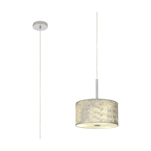 Baymont E27 pendant light with 30cm silver leaf drum shade, white laminate interior, frosted acrylic diffuser, polished chrome ceiling mount, and cord length options, shown on white background.