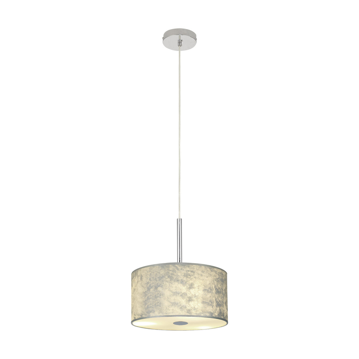 Baymont E27 pendant light with a 30cm drum shade in silver-toned finish, frosted acrylic diffuser underneath, and polished chrome ceiling rose and suspension, shown on a plain white background.
