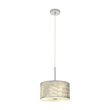 Baymont E27 pendant light with a 30cm drum shade in silver-toned finish, frosted acrylic diffuser underneath, and polished chrome ceiling rose and suspension, shown on a plain white background.