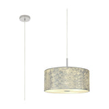 Baymont E27 pendant light with a 40cm silver foil drum shade, frosted acrylic diffuser base, and polished chrome ceiling plate and suspension, shown on a white background.