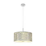 Baymont E27 pendant light with a 40cm silver foil drum shade, frosted acrylic diffuser base, and polished chrome ceiling plate, shown on a plain white background.