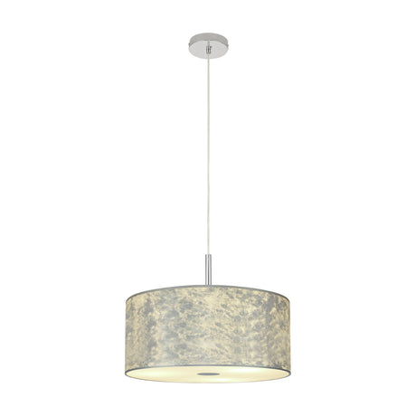 Baymont E27 pendant light with a 40cm silver foil drum shade, frosted acrylic diffuser base, and polished chrome ceiling plate, shown on a plain white background.