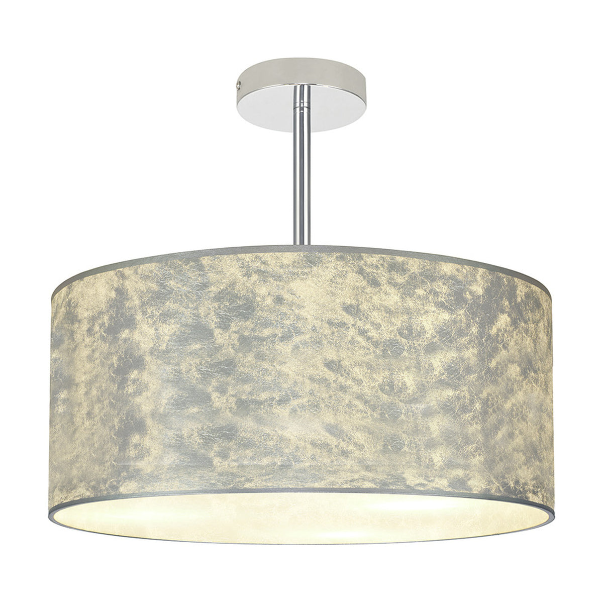 Baymont 3 Light Semi Flush ceiling light with a broad drum shade in mottled silver leaf, white interior lining, and a polished chrome ceiling rod, shown on a plain white background.