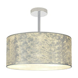 Baymont 3 Light Semi Flush ceiling light with a broad drum shade in mottled silver leaf, white interior lining, and a polished chrome ceiling rod, shown on a plain white background.