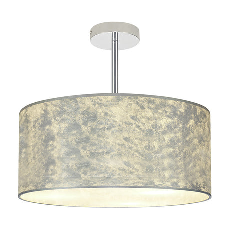 Baymont 3 Light Semi Flush ceiling light with a broad drum shade in mottled silver leaf, white interior lining, and a polished chrome ceiling rod, shown on a plain white background.