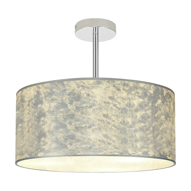Baymont 3 Light Semi Flush ceiling light with a broad drum shade in mottled silver leaf, white interior lining, and a polished chrome ceiling rod, shown on a plain white background.