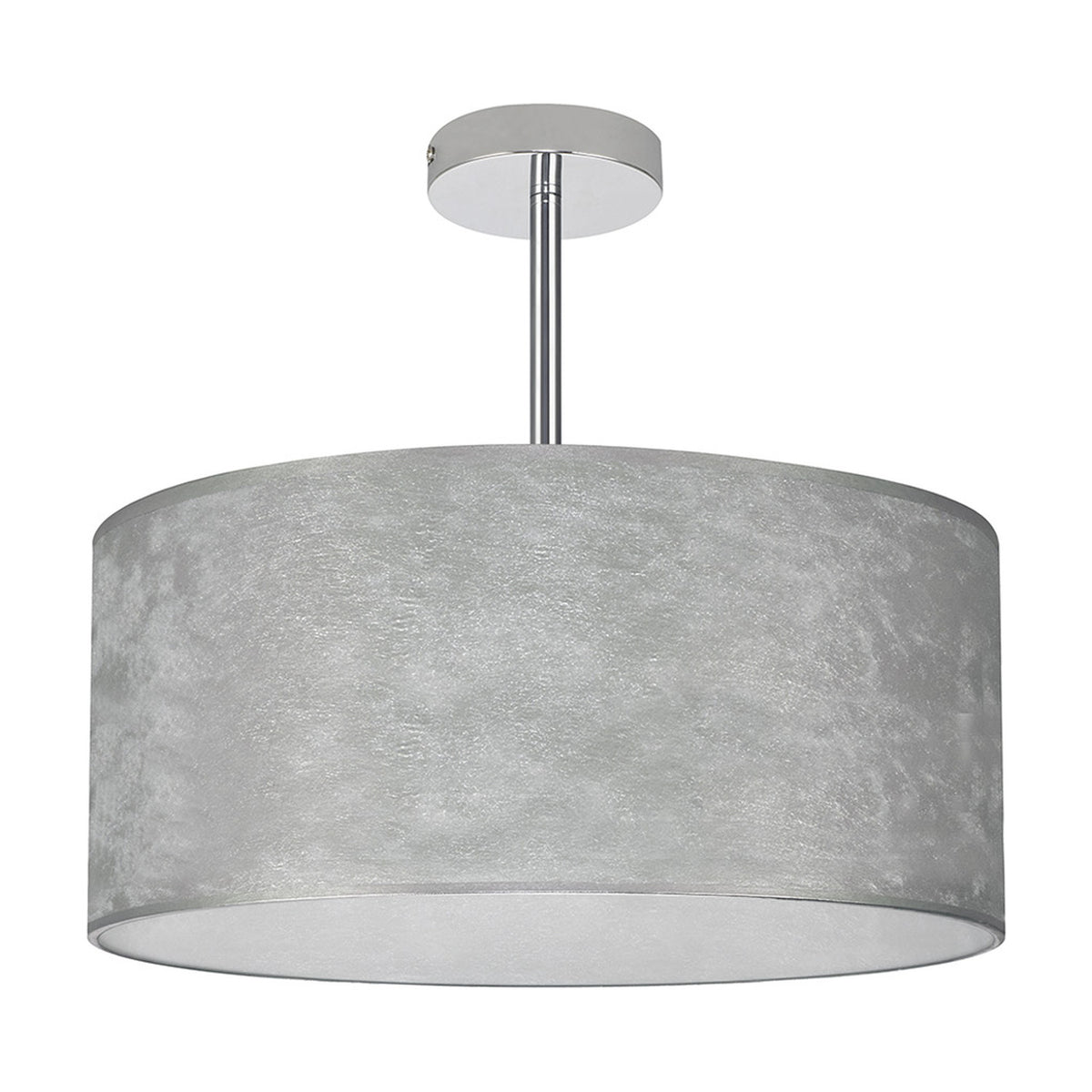 Baymont 3 Light Semi Flush ceiling light with a broad drum shade in silver leaf finish, white lining, and polished chrome mount, shown on a plain white background.