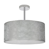 Baymont 3 Light Semi Flush ceiling light with a broad drum shade in silver leaf finish, white lining, and polished chrome mount, shown on a plain white background.