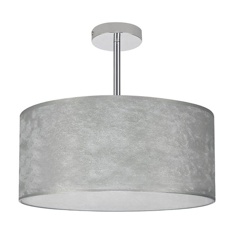 Baymont 3 Light Semi Flush ceiling light with a broad drum shade in silver leaf finish, white lining, and polished chrome mount, shown on a plain white background.