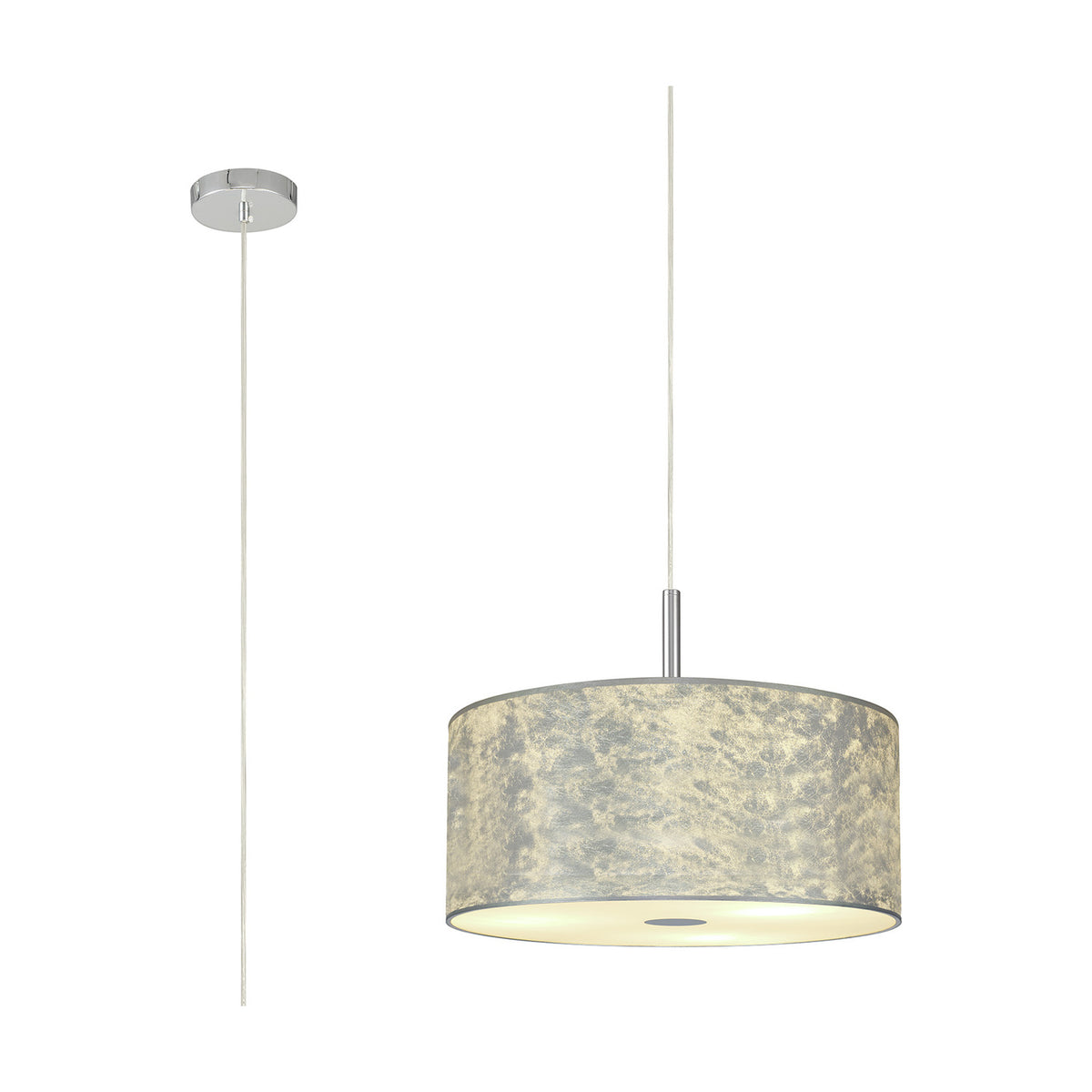 Baymont 3 Light Pendant with wide drum shade in silver-toned finish over white lining, frosted acrylic diffuser, chrome ceiling plate and suspension, shown with drop cable on white background.